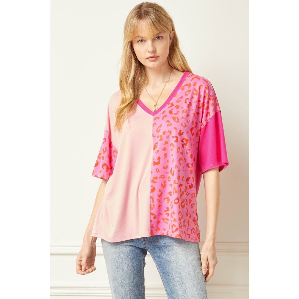 Entro Color Block Leopard Top, Pink